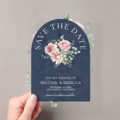 ピンクの花とユーカリのネイビーブルーの結婚式セーブ・ザ・デート アクリル招待状 (インサイチュ (ポータブル))