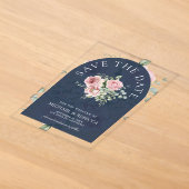 ピンクの花とユーカリのネイビーブルーの結婚式セーブ・ザ・デート アクリル招待状 (レイダウン)