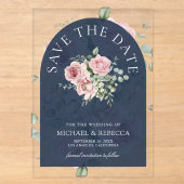 ピンクの花とユーカリのネイビーブルーの結婚式セーブ・ザ・デート アクリル招待状 (正面)