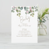 ピンクの花とユーカリのベイビーシャワー招待状 招待状 (スタンド正面)