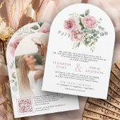 ピンクの花とユーカリのQRコードの写真の結婚式 招待状