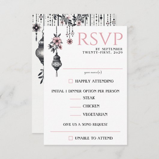 ピンクの花とランタンのフード選択 出欠カード (正面/裏面)