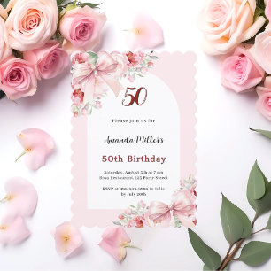 ピンクの花とリボンのアーチがかわいい誕生日 招待状