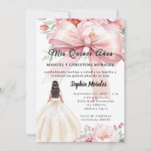 ピンクの花とリボンのドレス quinceanera 招待状 (正面)