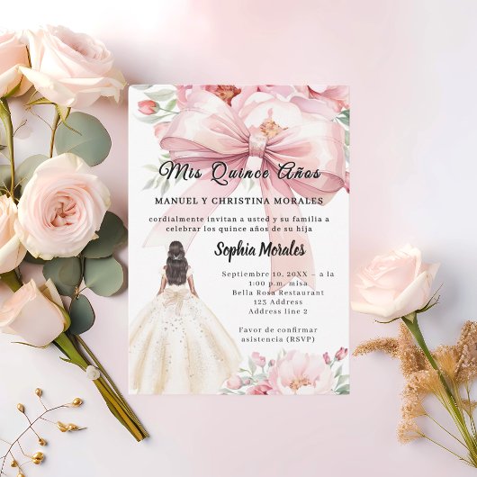 ピンクの花とリボンのドレス quinceanera 招待状