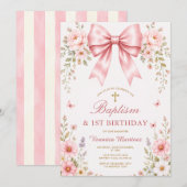 ピンクの花とリボンの洗礼式&1歳の誕生日 招待状 (正面/裏面)