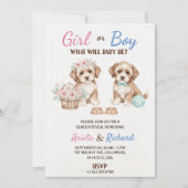 ピンクの花とリボンを付けた子犬と、青いボールとネクタイを付けた子犬が登場する性別発表の招待状 招待状 (正面)