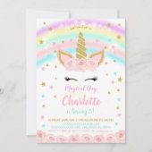 ピンクの花とレインボーユニコーン招待状 招待状 (正面)