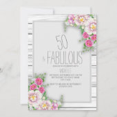 ピンクの花とレトロな木目調の50歳の誕生日 招待状 (正面)
