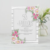 ピンクの花とレトロな木目調の50歳の誕生日 招待状 (スタンド正面)