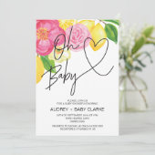 ピンクの花とレモンの春のオハベイビーガールシャワー 招待状 (スタンド正面)