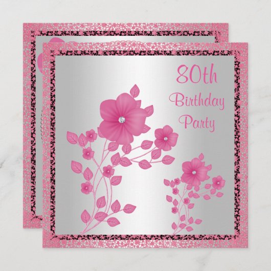 ピンクの花とレース80th誕生日パーティー 招待状 (正面/裏面)