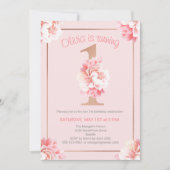 ピンクの花とローズゴールドがテーマの女の子の1歳誕生日パーティー 招待状 (正面)