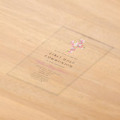 ピンクの花と十字架の宗教的な初聖体拝領 アクリル招待状 (レイダウン)