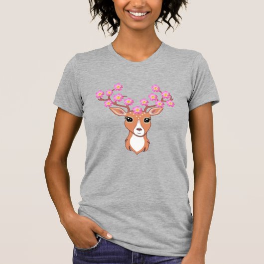 ピンクの花と可愛いトナカイ Tシャツ (正面)