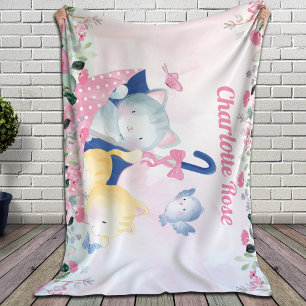 ピンクの花と可愛い子猫たちによるガールブランケット シェルパブランケット