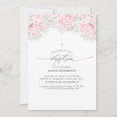 ピンクの花と可愛い赤ちゃん息の女の子のバプテスマ 招待状 (正面)