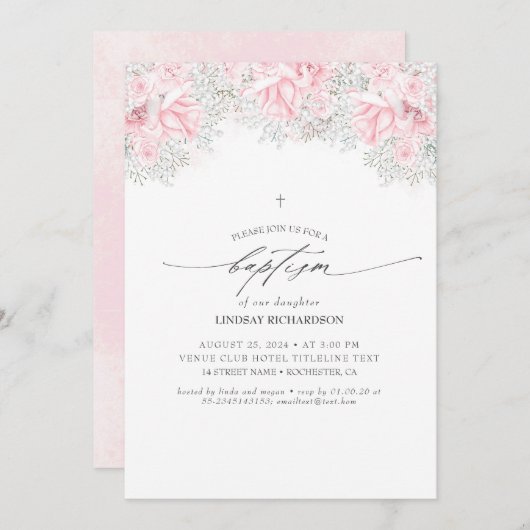 ピンクの花と可愛い赤ちゃん息の女の子のバプテスマ 招待状 (正面/裏面)