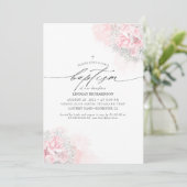 ピンクの花と可愛い赤ちゃん息の女の子のバプテスマ 招待状 (スタンド正面)