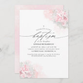 ピンクの花と可愛い赤ちゃん息の女の子のバプテスマ 招待状 (正面/裏面)