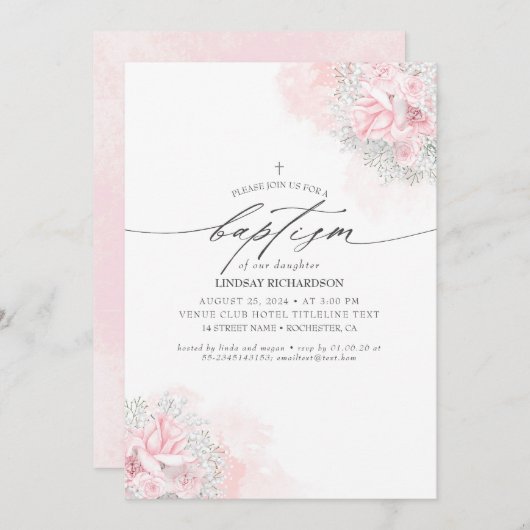 ピンクの花と可愛い赤ちゃん息の女の子のバプテスマ 招待状 (正面/裏面)
