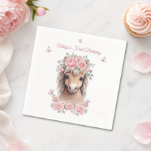 ピンクの花と可愛い馬の1歳の誕生日