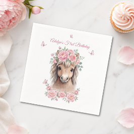 ピンクの花と可愛い馬の1歳の誕生日 スタンダードカクテルナプキン