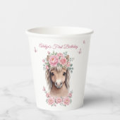 ピンクの花と可愛い馬の1歳の誕生日 紙コップ (正面)