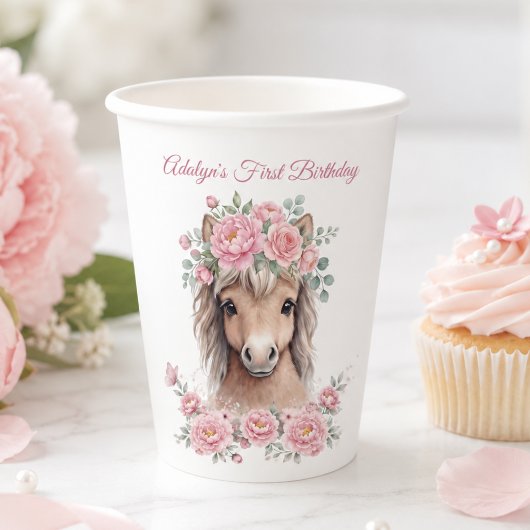 ピンクの花と可愛い馬の1歳の誕生日 紙コップ