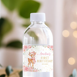 ピンクの花と可愛い鹿の冬の誕生日パーティー ペットボトルラベル