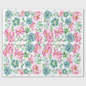 ピンクの花と多肉植物の水色 ラッピングペーパー (フラット)