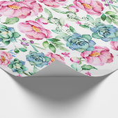 ピンクの花と多肉植物の水色 ラッピングペーパー (コーナー)