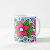 ピンクの花と太い花びら、グリーンリーフ コーヒーマグカップ (正面右)