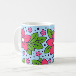 ピンクの花と太い花びら、グリーンリーフ コーヒーマグカップ