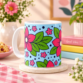 ピンクの花と太い花びら、グリーンリーフ コーヒーマグカップ