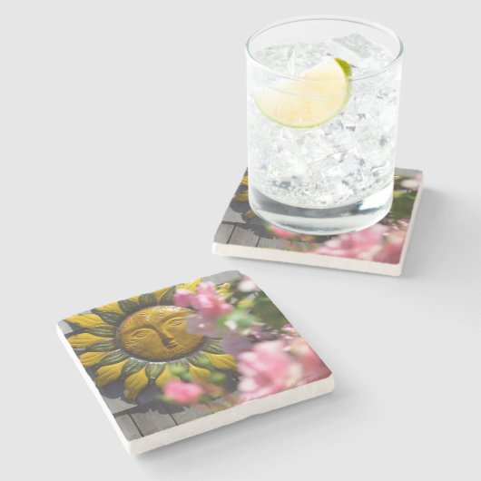 ピンクの花と太陽 – Martha's Vineヤード ストーンコースター (横)