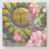ピンクの花と太陽 – Martha's Vineヤード ストーンコースター (正面)