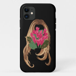 ピンクの花と女性の顔 iPhone 11 ケース