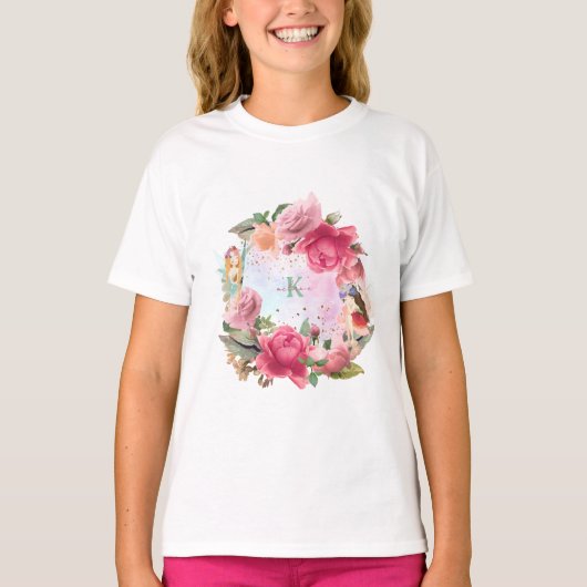 ピンクの花と妖精の女の子 Tシャツ (正面)