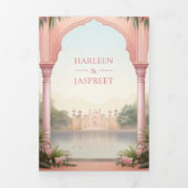 ピンクの花と孔雀の豪華なインド宮殿の結婚式 三つ折り招待状 (カバー)