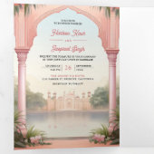 ピンクの花と孔雀の豪華なインド宮殿の結婚式 三つ折り招待状 (内部最初)