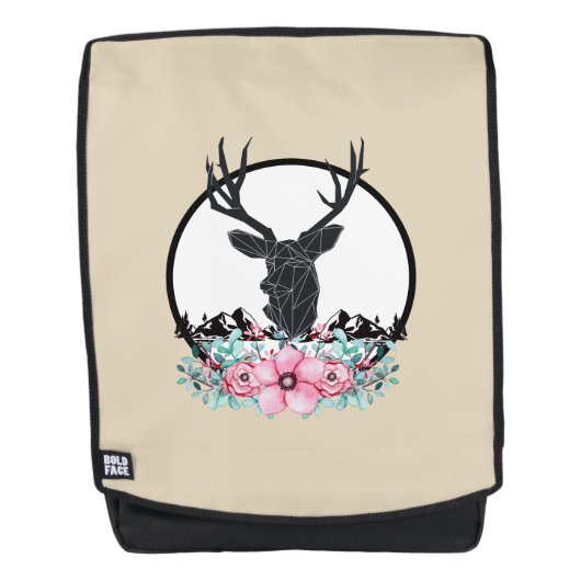 ピンクの花と山のある黒い鹿の頭 バックパック (正面)