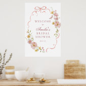 ピンクの花と弓のブライダルシャワーウェルカムサイン ポスター (キッチン)