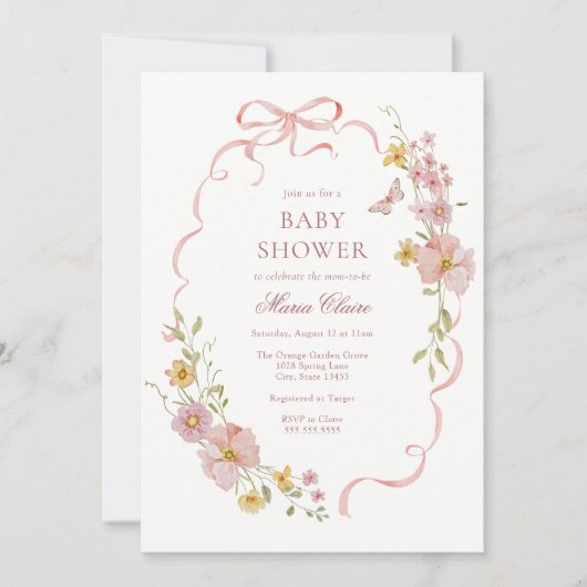 ピンクの花と弓の赤ちゃんシャワー 招待状 (正面)