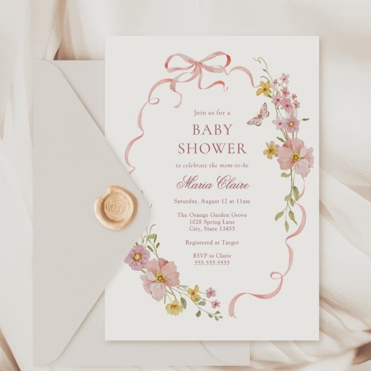 ピンクの花と弓の赤ちゃんシャワー 招待状