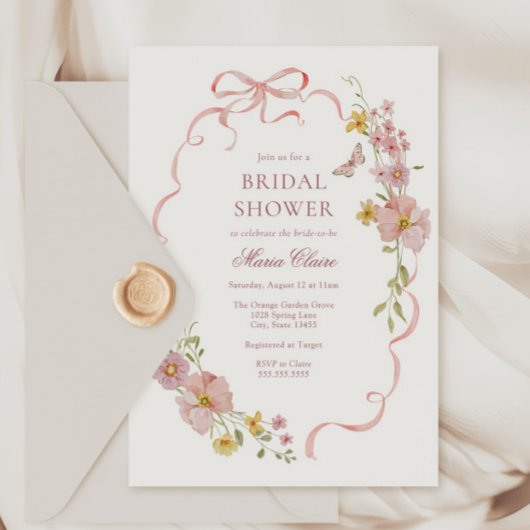 ピンクの花と弓ブライダルシャワー 招待状