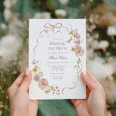 ピンクの花と弓ブライダルシャワー 招待状