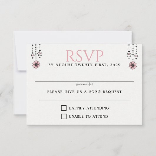 ピンクの花と提灯 出欠カード (正面)