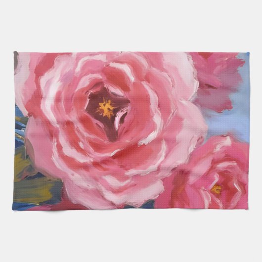 ピンクの花と文字 キッチンタオル (横)