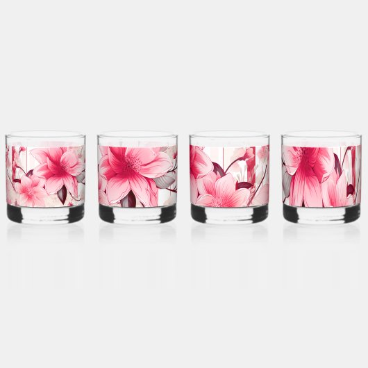 ピンクの花と春の花のモチーフ ウイスキーグラス (正面)